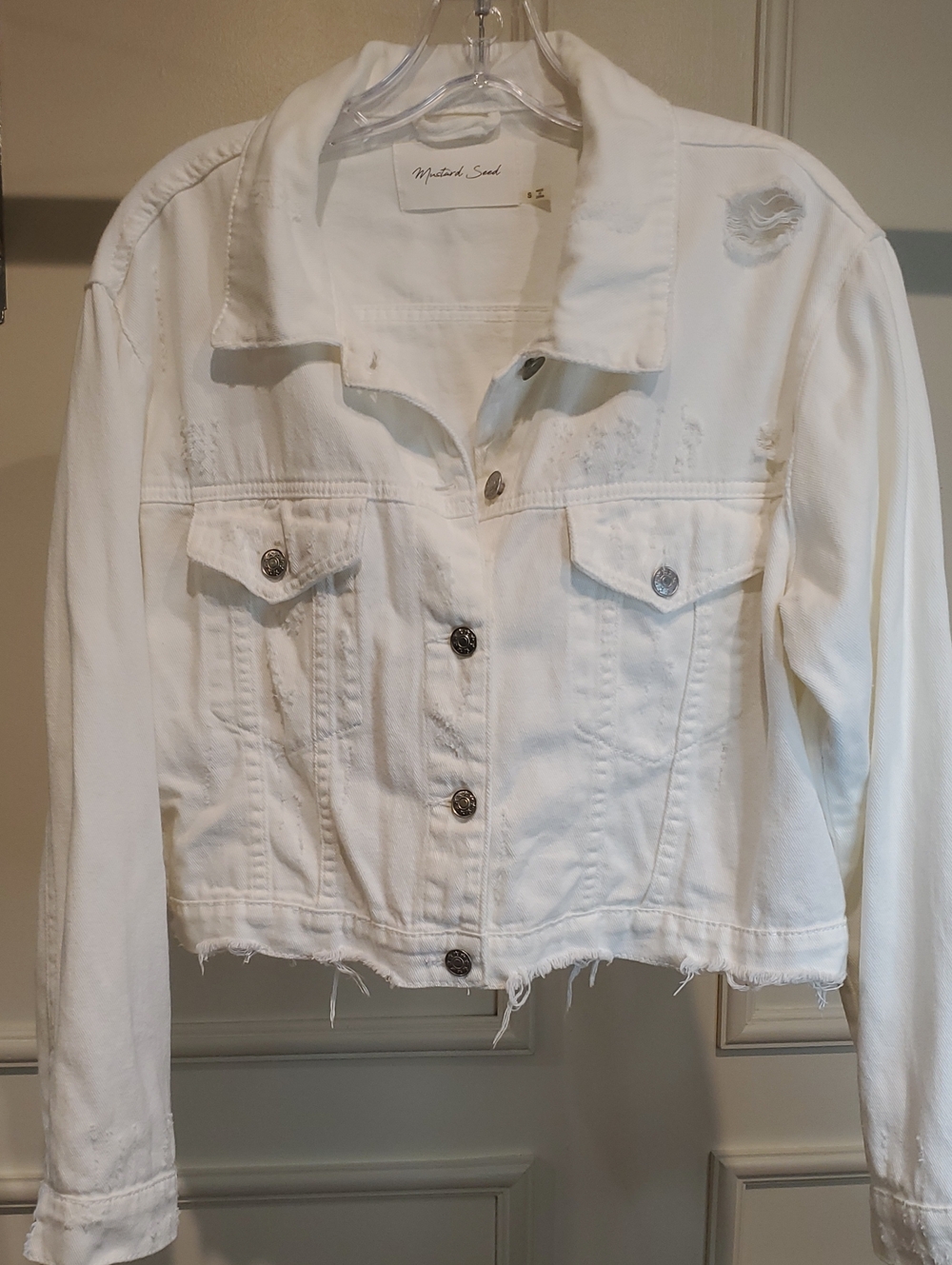 Mustard Seed Cropped White Distressed Denim Jacket Long Sleeve Size Small